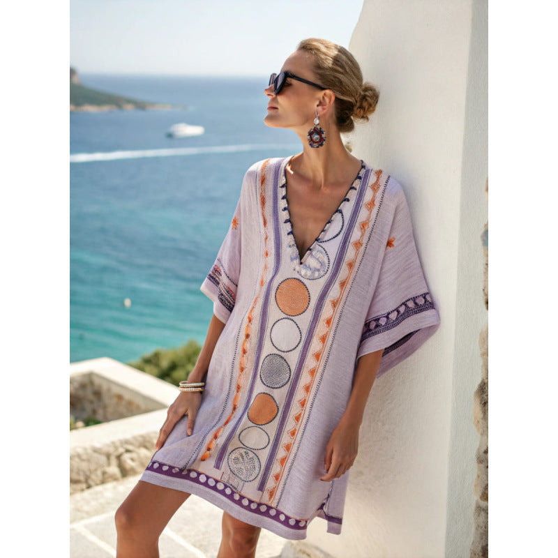 Women Cotton Linen Embroidered Caftan Dress Bohemian Summer Beach - Image 10
