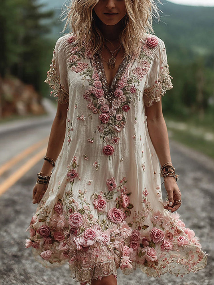 Women Floral Embroidered V-Neck Maxi Dress Summer Garden Party