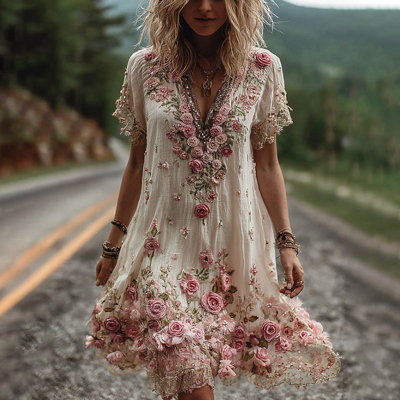 Women Floral Embroidered V-Neck Maxi Dress Summer Garden Party - Image 2