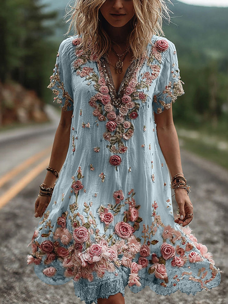 Women Floral Embroidered V-Neck Maxi Dress Summer Garden Party - Image 3