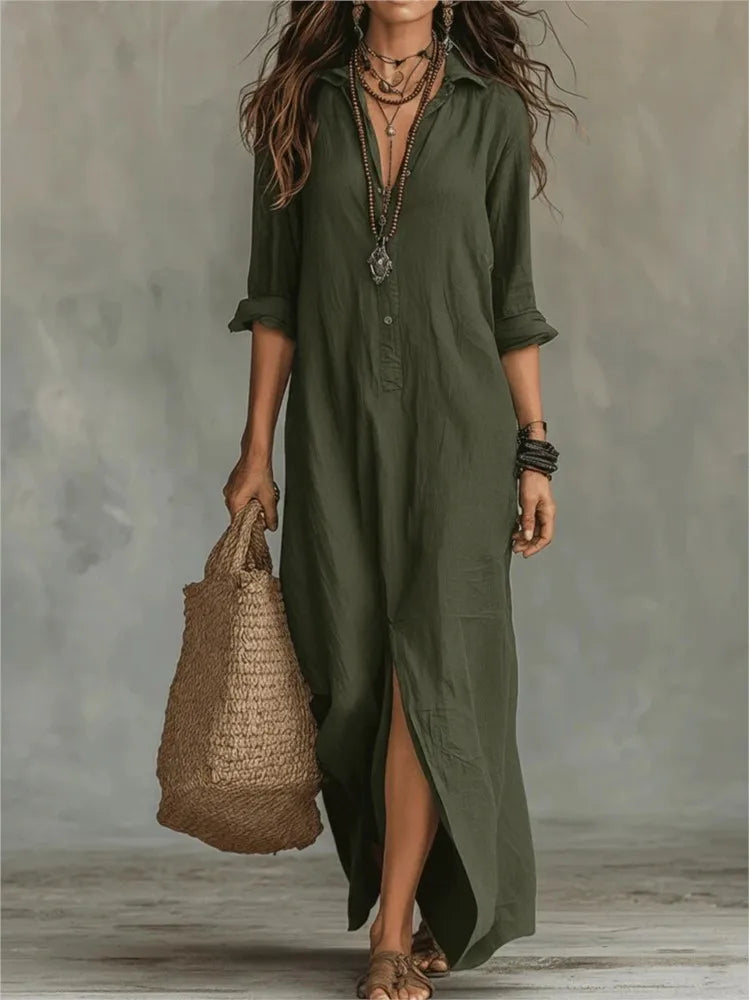 Women Linen Collared Button Front Maxi Dress Side Slit - Image 6