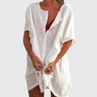 Women Loose Tunic Midi Dress V-Neck Short Sleeve