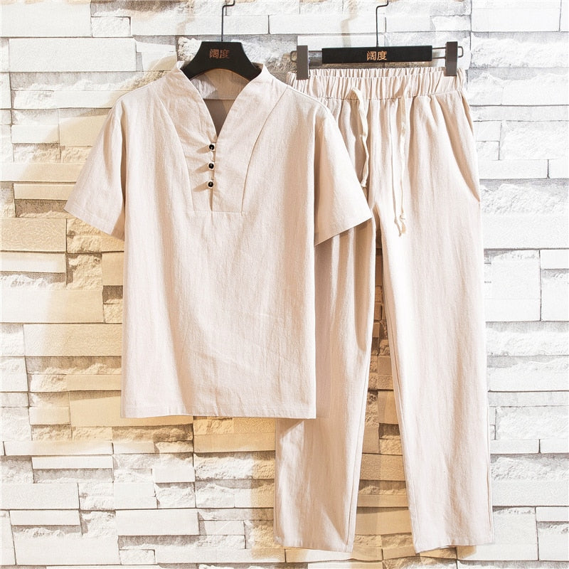 Men's 2 Piece Linen Outfit Set Summer Shirt Pants - Image 6