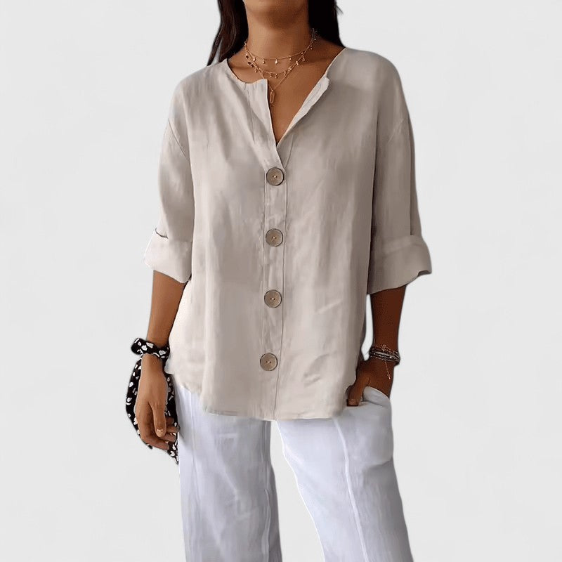 Women Cotton Linen V-Neck Button Front Blouse Summer