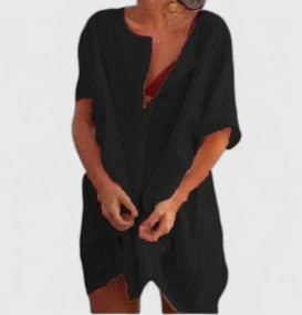 Women Loose Tunic Midi Dress V-Neck Short Sleeve - Image 8