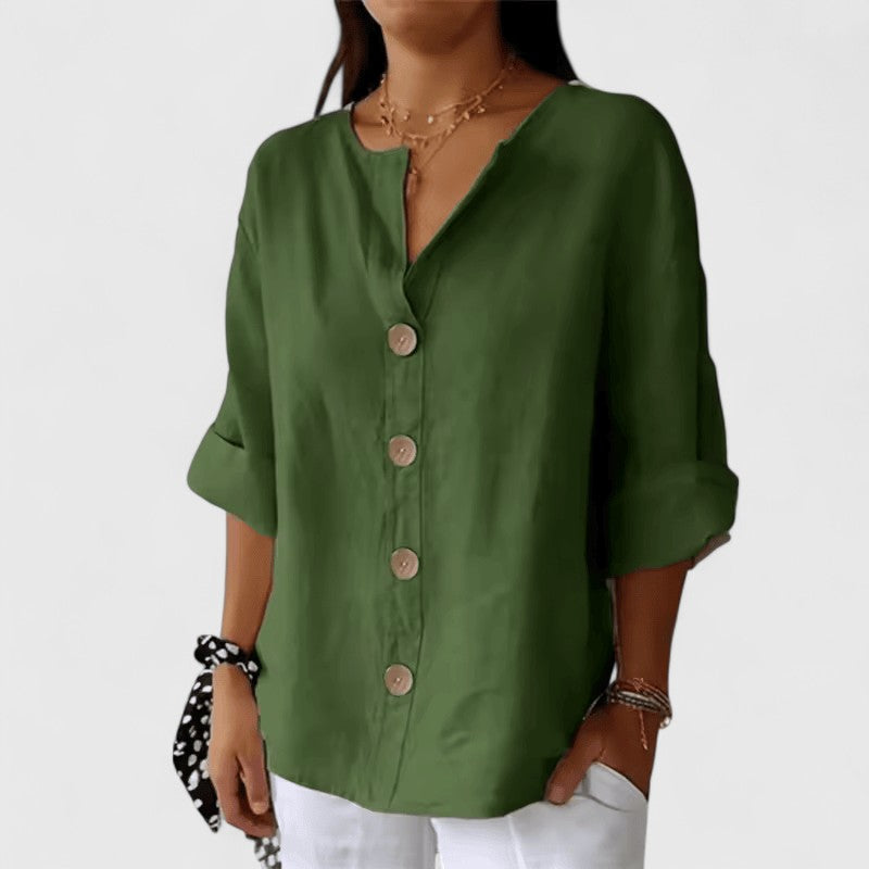 Women Cotton Linen V-Neck Button Front Blouse Summer - Image 2