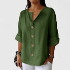 Women Cotton Linen V-Neck Button Front Blouse Summer - Image 2