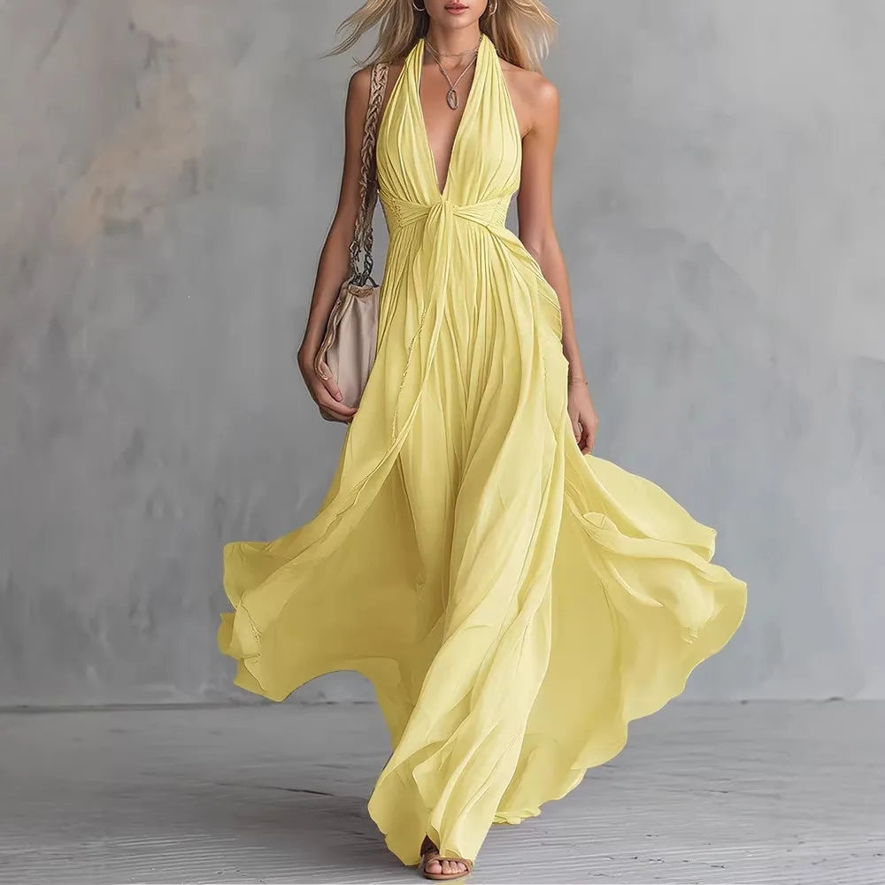 Women Halter Neck Deep V-Neck Flowy Maxi Dress Ruched Waist - Image 3