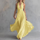 Women Halter Neck Deep V-Neck Flowy Maxi Dress Ruched Waist - Image 3