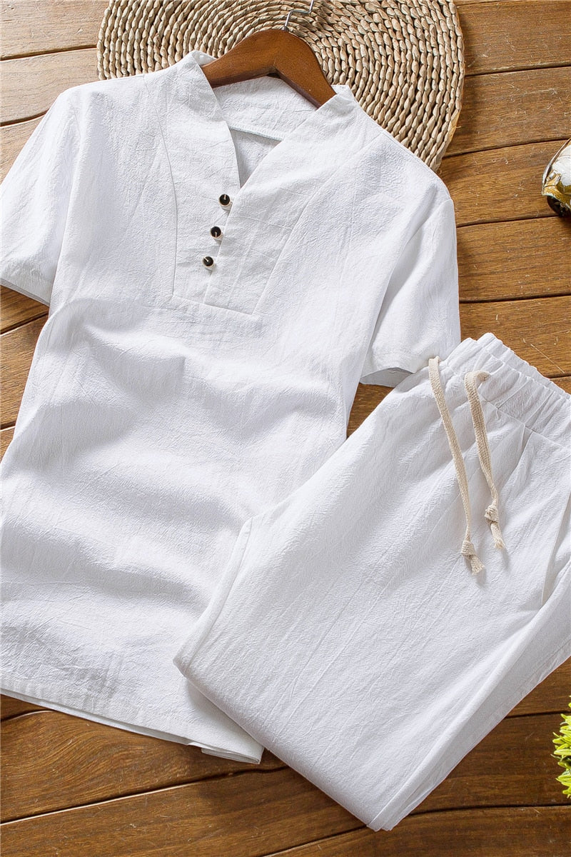 Men's 2 Piece Linen Outfit Set Summer Shirt Pants - Image 4
