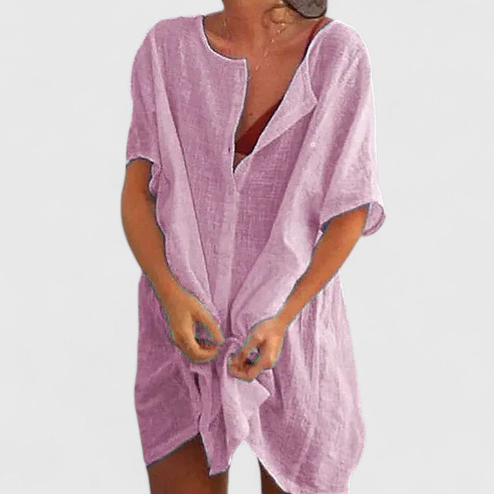 Women Loose Tunic Midi Dress V-Neck Short Sleeve - Image 2