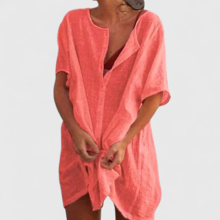 Women Loose Tunic Midi Dress V-Neck Short Sleeve - Image 4
