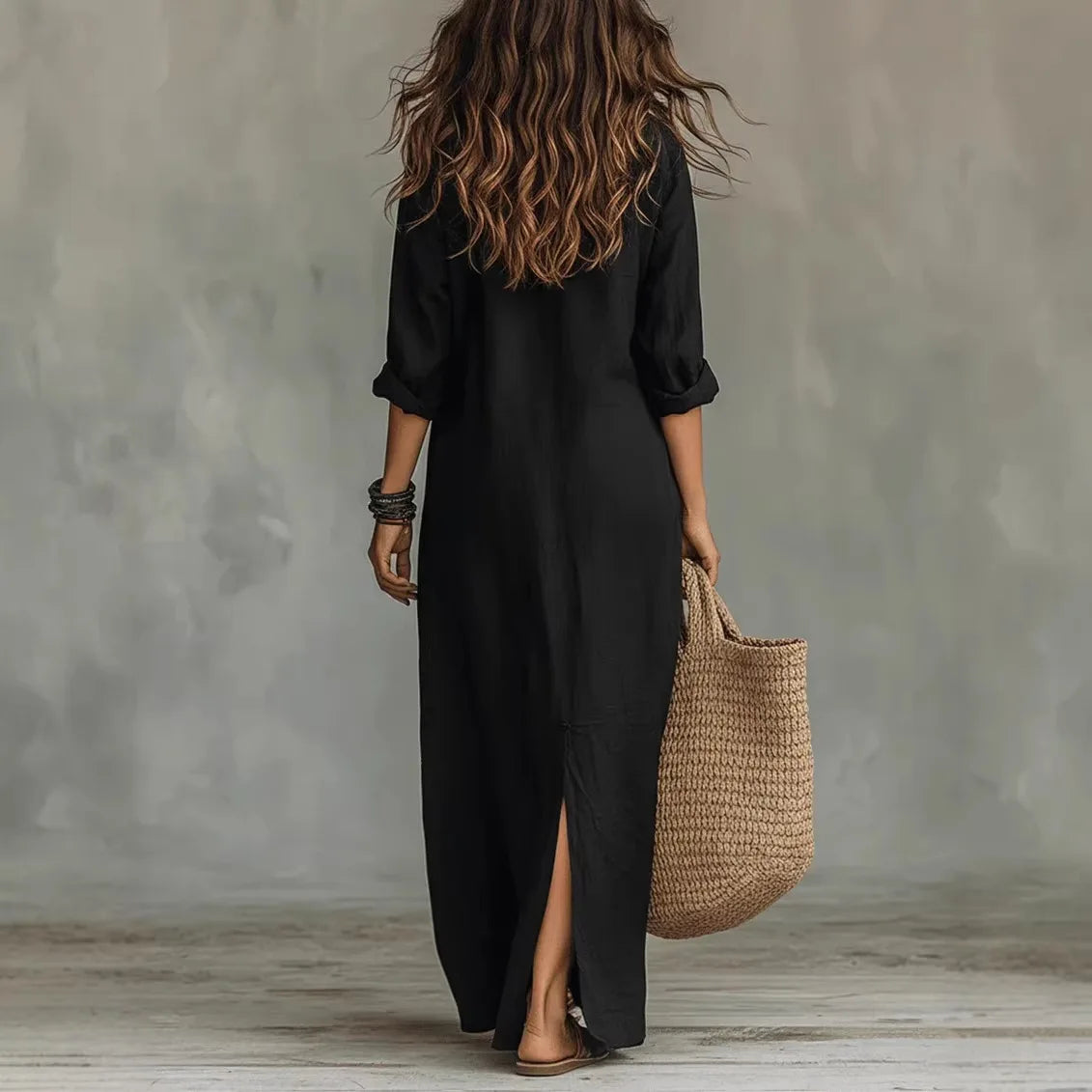 Women Linen Collared Button Front Maxi Dress Side Slit - Image 3