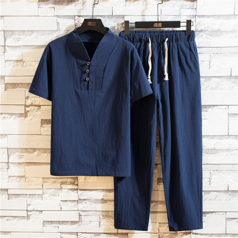 Men's 2 Piece Linen Outfit Set Summer Shirt Pants - Image 3