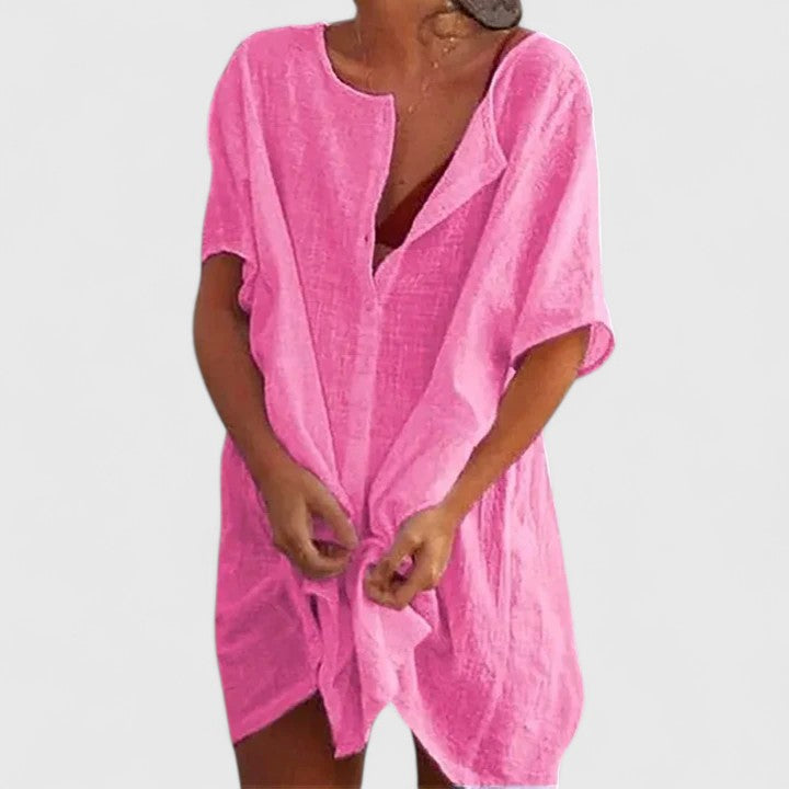 Women Loose Tunic Midi Dress V-Neck Short Sleeve - Image 5