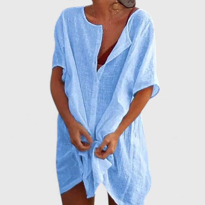 Women Loose Tunic Midi Dress V-Neck Short Sleeve - Image 3