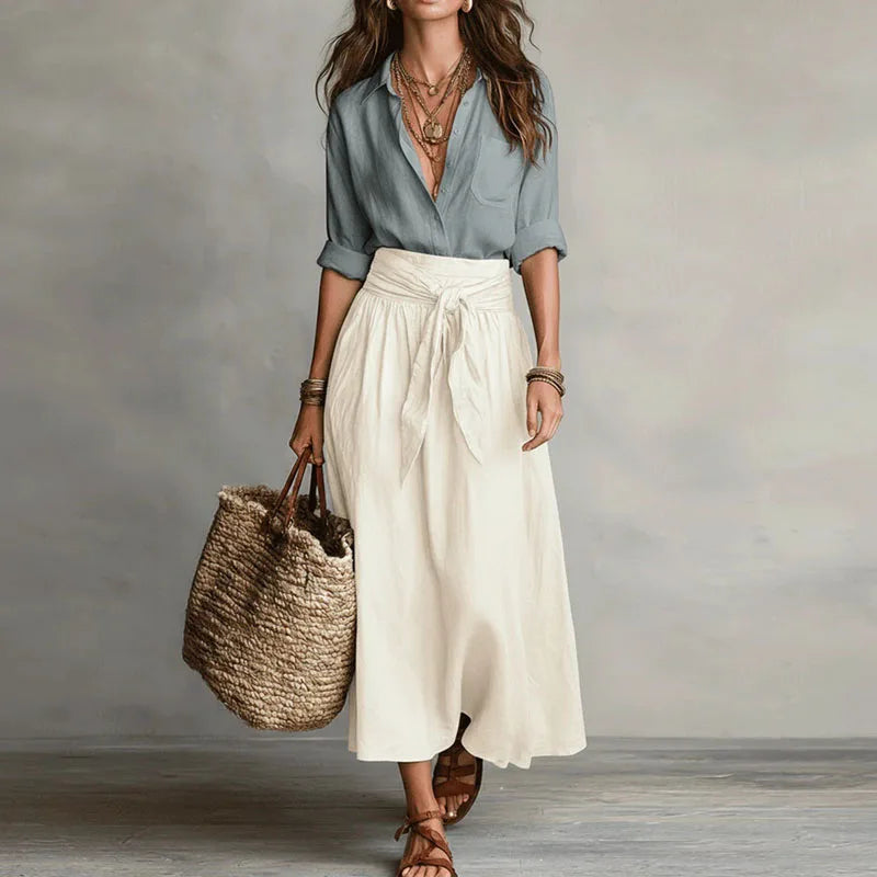 Women Two Piece Set Blouse Midi Skirt Co-Ord Casual
