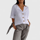 Women Cotton Linen V-Neck Button Front Blouse Summer - Image 4