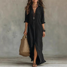 Women Linen Collared Button Front Maxi Dress Side Slit - Image 2
