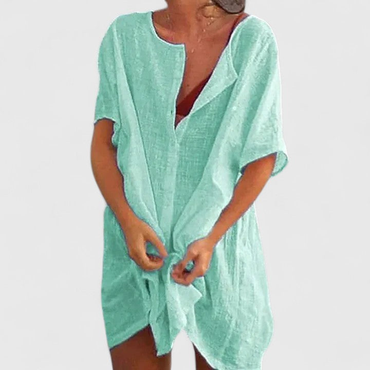 Women Loose Tunic Midi Dress V-Neck Short Sleeve - Image 6