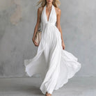 Women Halter Neck Deep V-Neck Flowy Maxi Dress Ruched Waist - Image 2