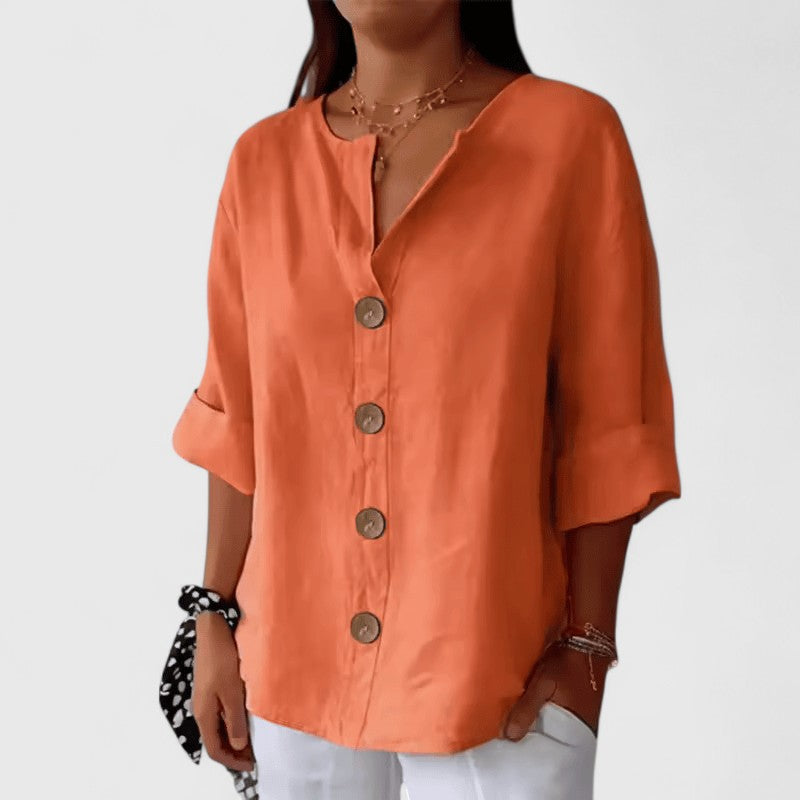 Women Cotton Linen V-Neck Button Front Blouse Summer - Image 5
