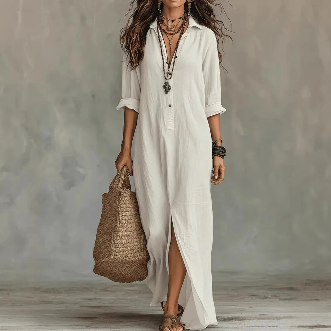 Women Linen Collared Button Front Maxi Dress Side Slit