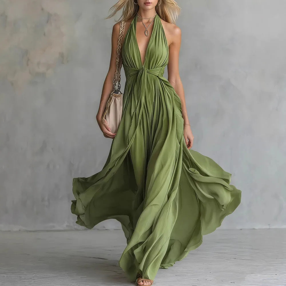 Women Halter Neck Deep V-Neck Flowy Maxi Dress Ruched Waist - Image 4