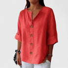 Women Cotton Linen V-Neck Button Front Blouse Summer - Image 7