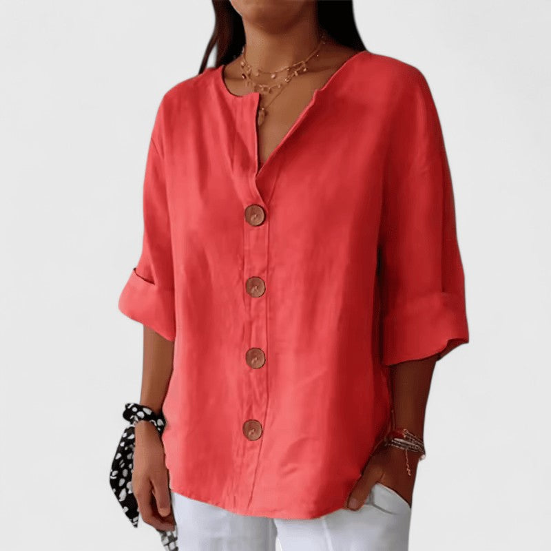 Women Cotton Linen V-Neck Button Front Blouse Summer - Image 7