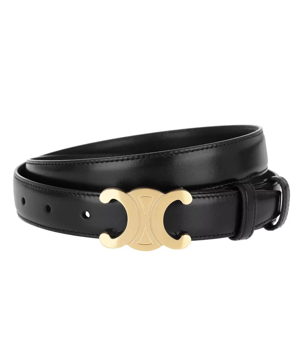 Women's Black Faux Leather Belt Gold Buckle Slim