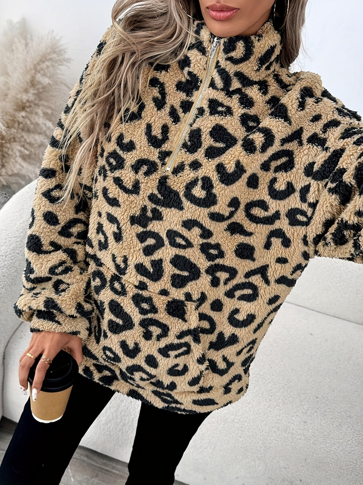 Women's Leopard Print Half-Zip Sweater Oversized - Image 4