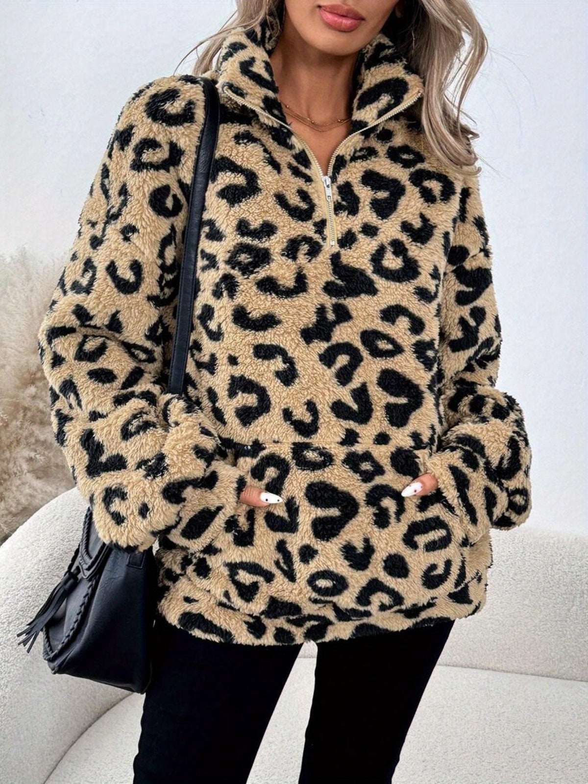 Women's Leopard Print Half-Zip Sweater Oversized - Image 5