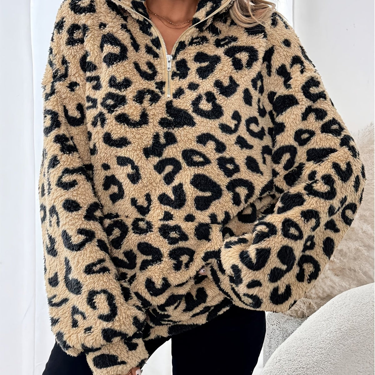 Women's Leopard Print Half-Zip Sweater Oversized