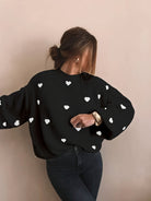Women Cute Heart Print Knit Relaxed Fit Sweater - Image 2