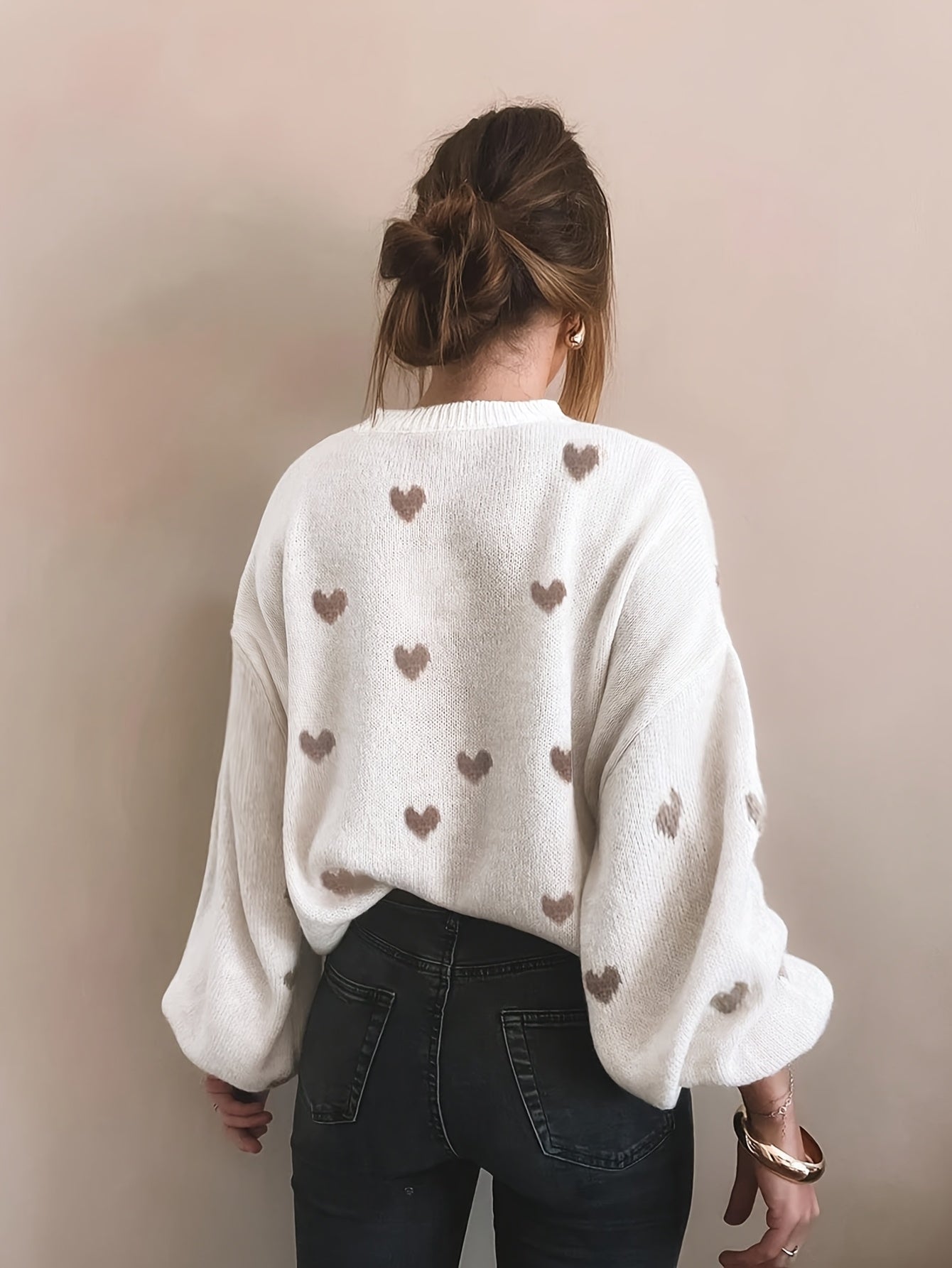 Women Cute Heart Print Knit Relaxed Fit Sweater - Image 4