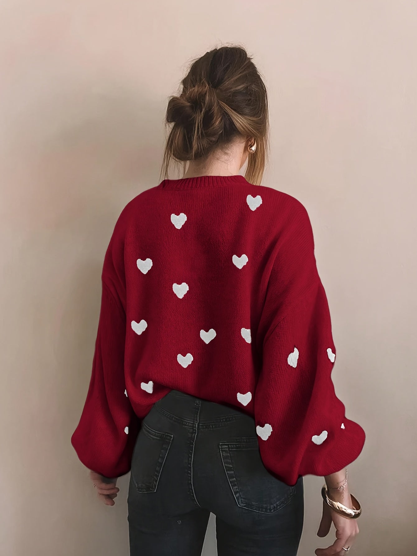 Women Cute Heart Print Knit Relaxed Fit Sweater - Image 6