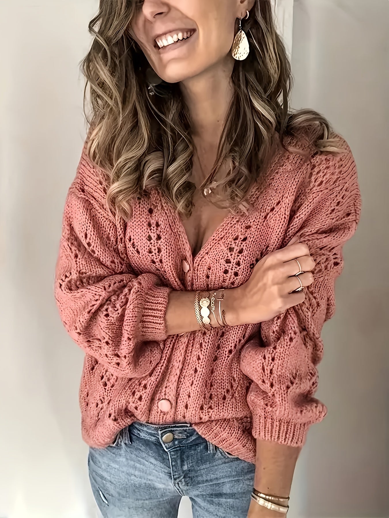 Women Knit Cardigan V-Neck Balloon Sleeve - Image 2