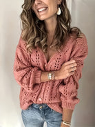 Women Knit Cardigan V-Neck Balloon Sleeve - Image 2
