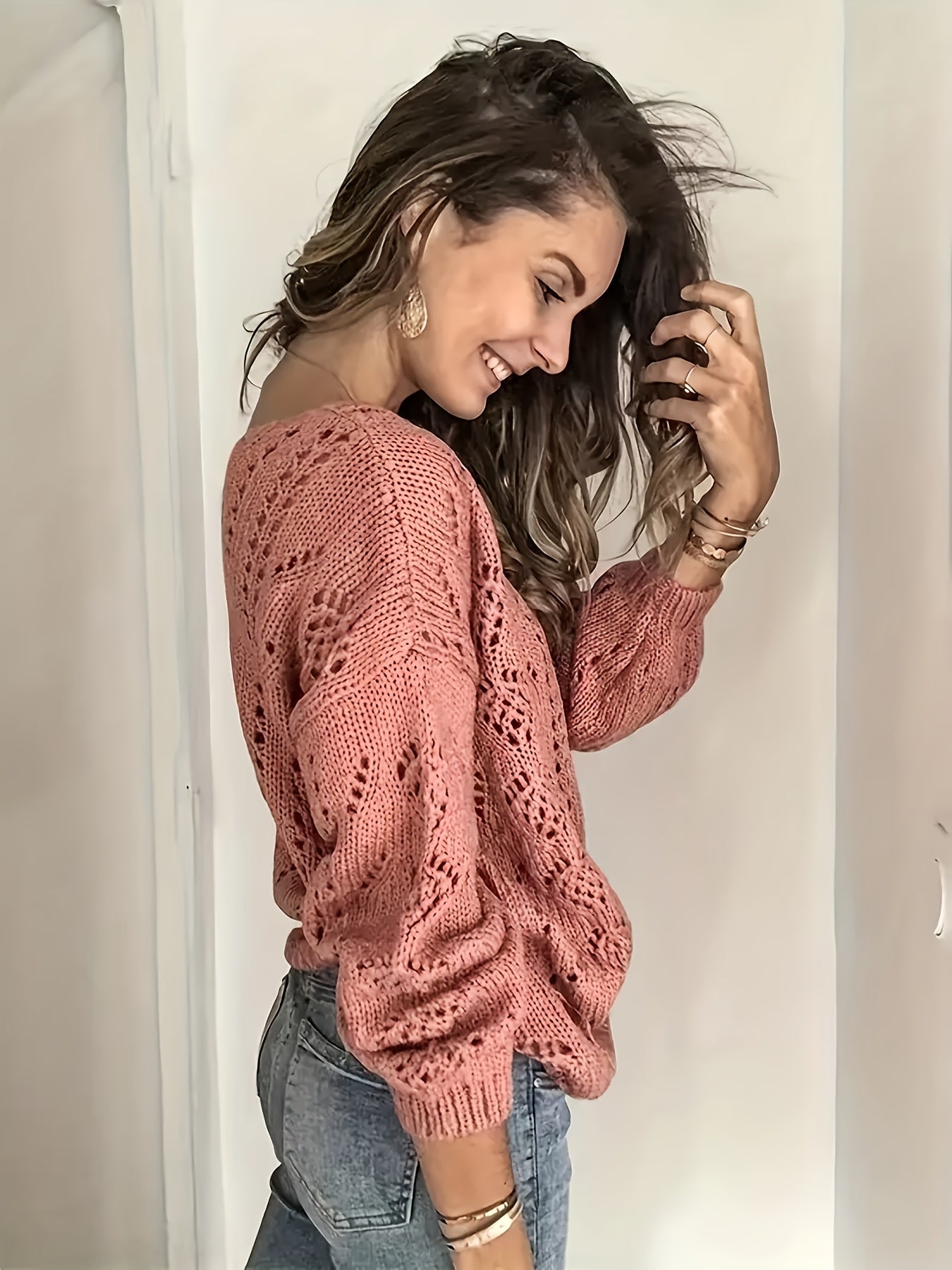 Women Knit Cardigan V-Neck Balloon Sleeve - Image 3