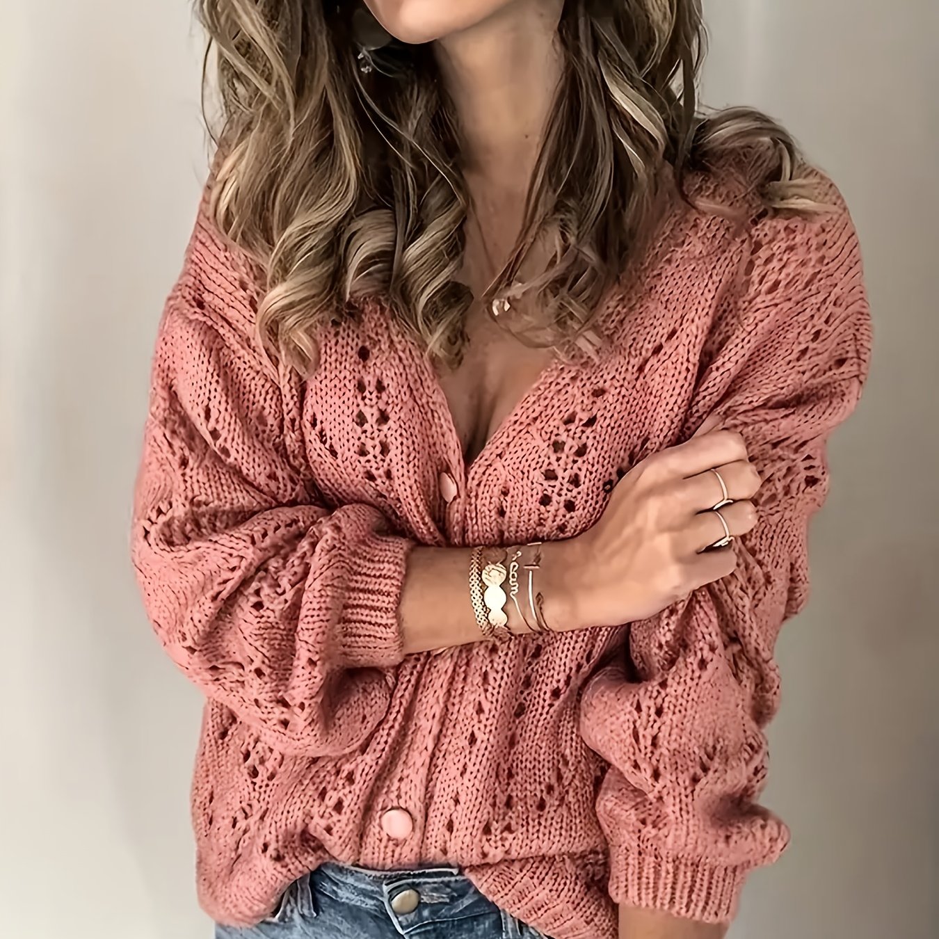 Women Knit Cardigan V-Neck Balloon Sleeve