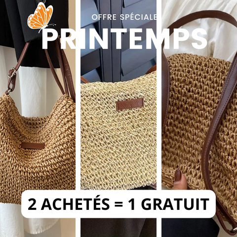 Women Straw Shoulder Bag Vegan Leather Strap - Image 2
