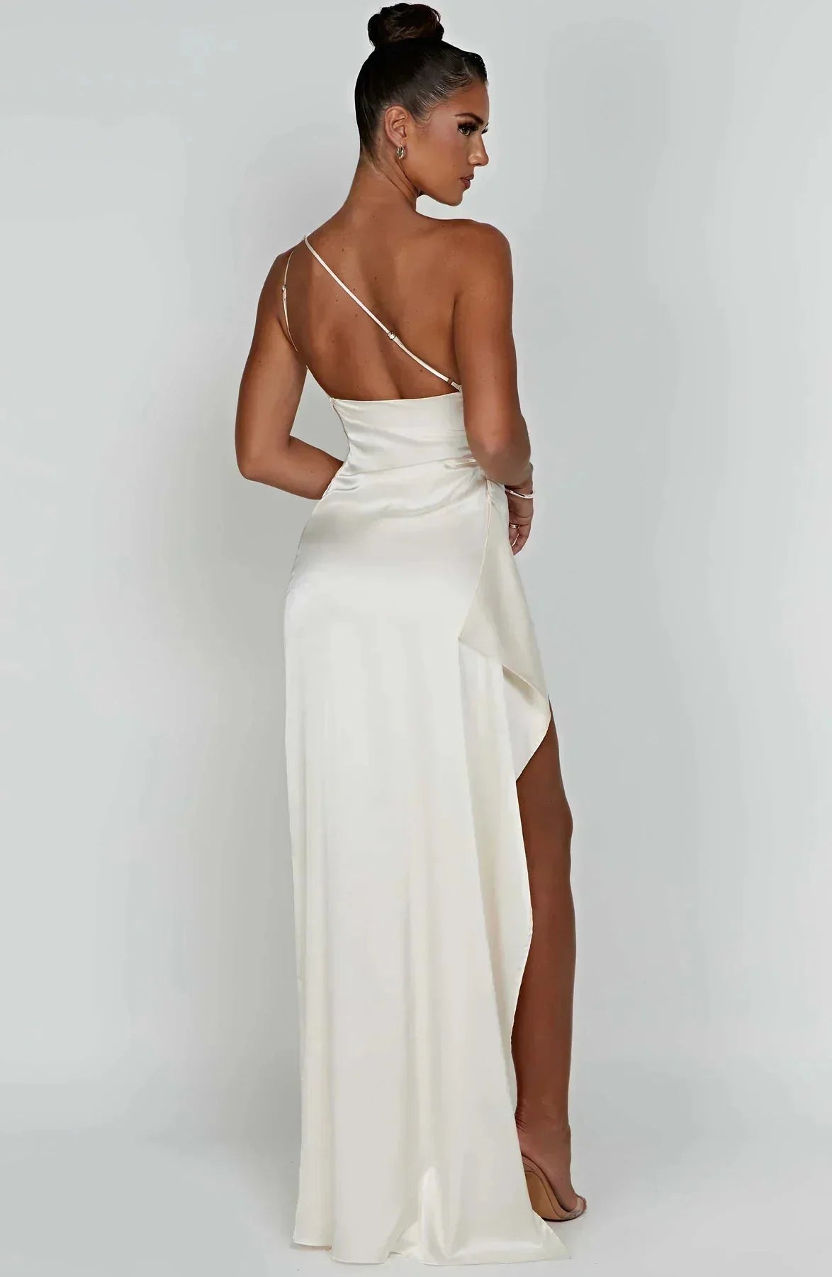 Women One Shoulder Draped Maxi Dress High Slit Formal Gown - Image 12