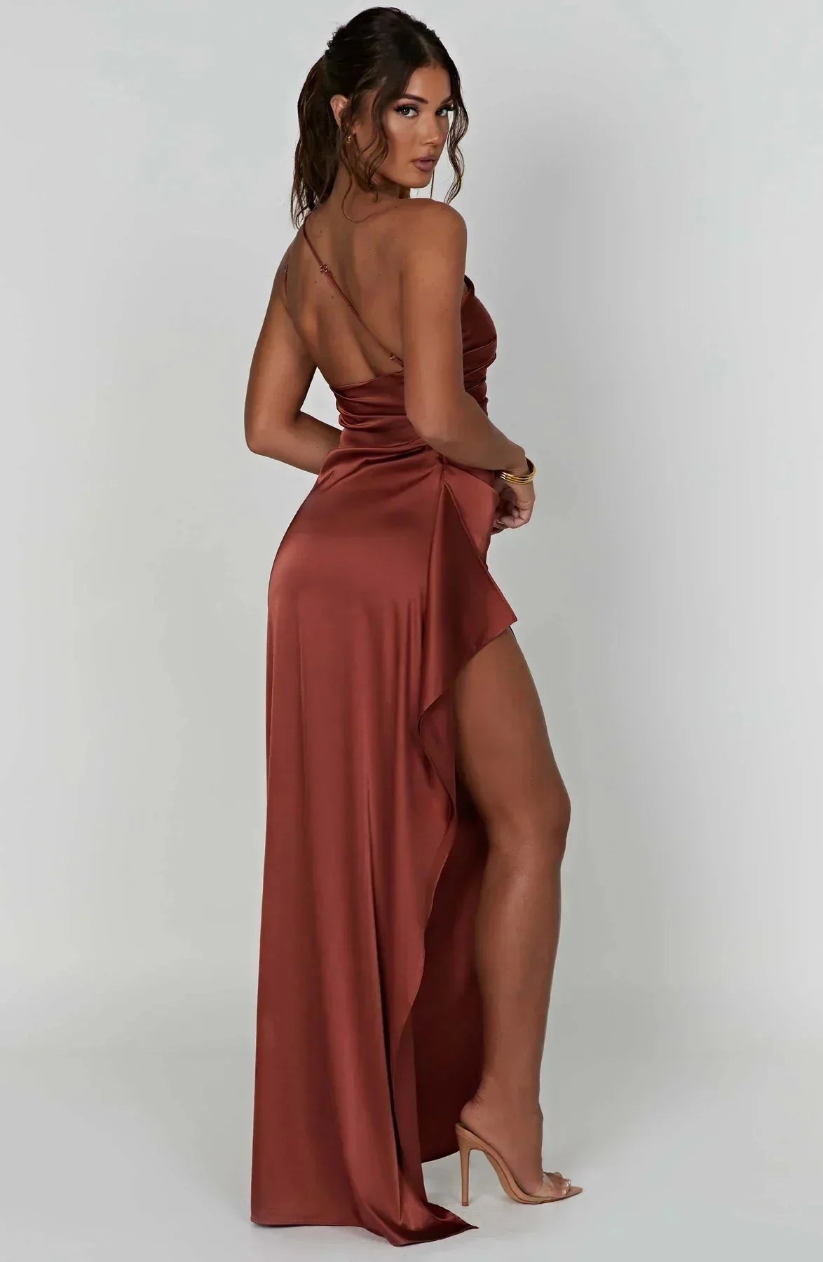 Women One Shoulder Draped Maxi Dress High Slit Formal Gown - Image 13