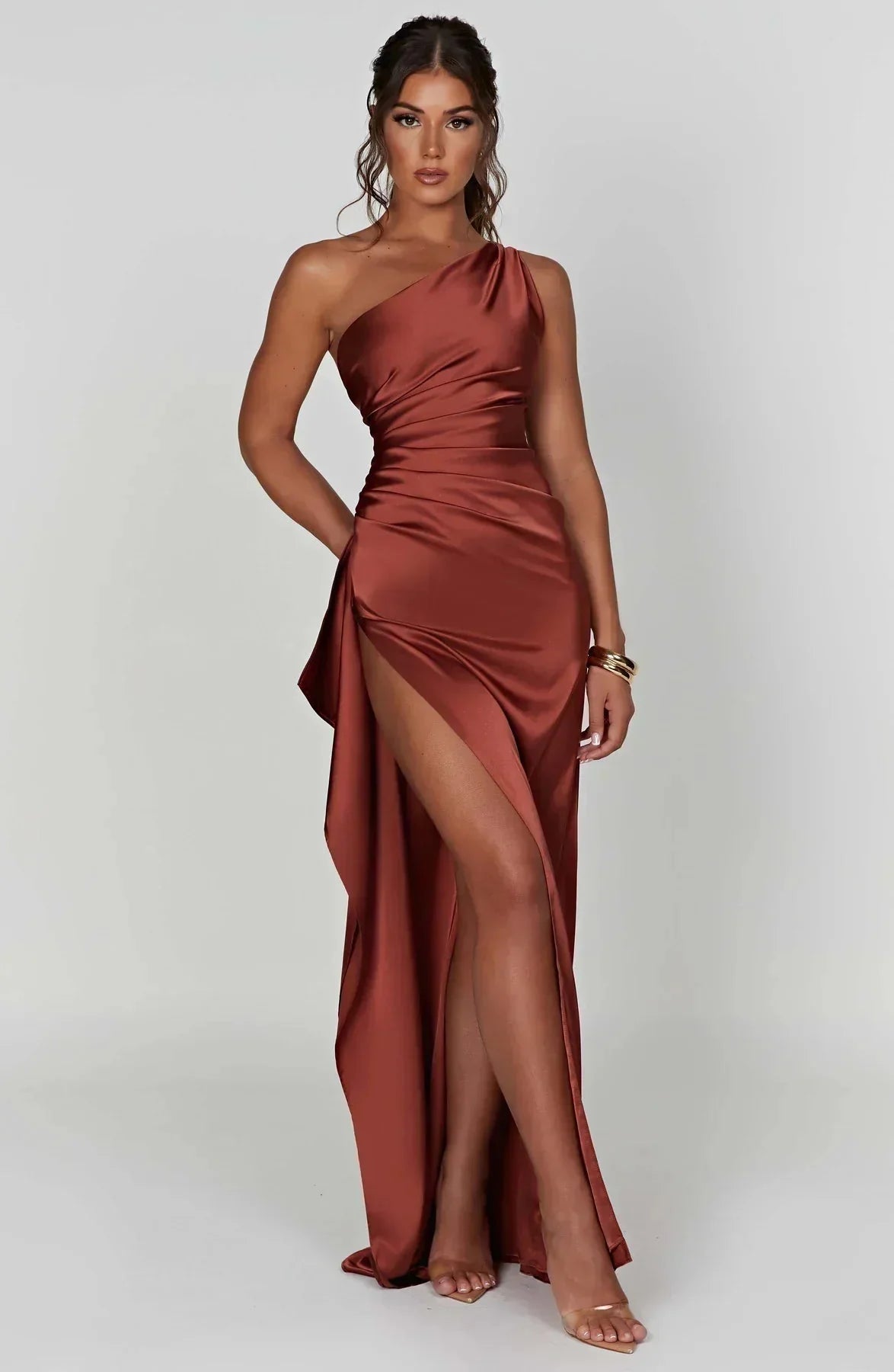 Women One Shoulder Draped Maxi Dress High Slit Formal Gown - Image 14