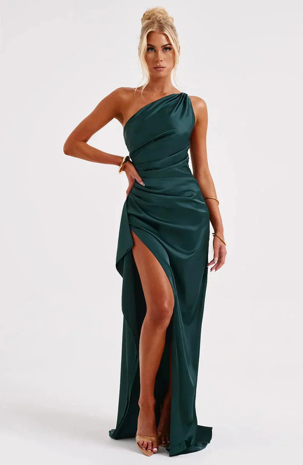 Women One Shoulder Draped Maxi Dress High Slit Formal Gown - Image 17