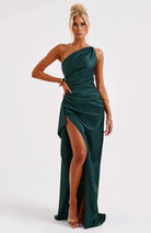 Women One Shoulder Draped Maxi Dress High Slit Formal Gown - Image 17