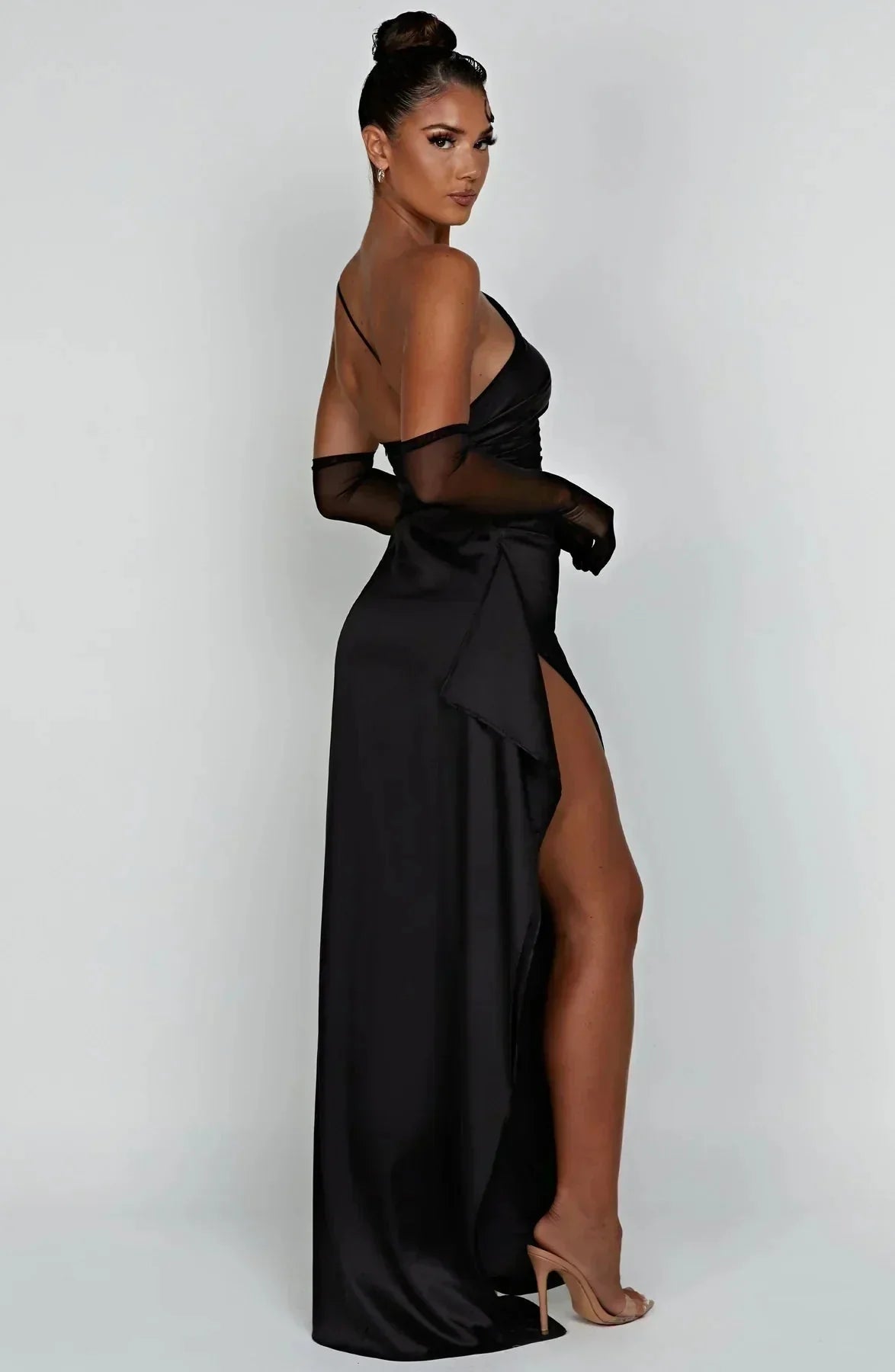 Women One Shoulder Draped Maxi Dress High Slit Formal Gown - Image 19