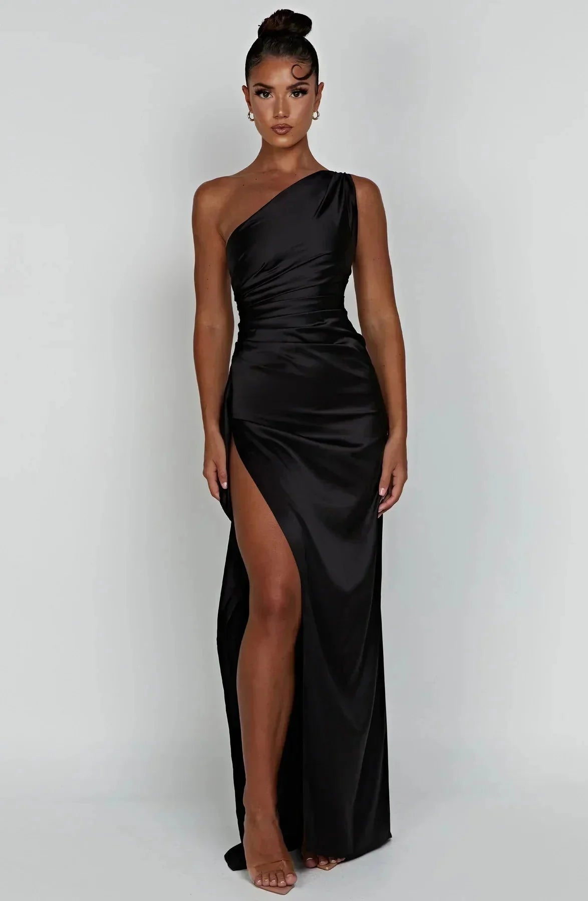 Women One Shoulder Draped Maxi Dress High Slit Formal Gown - Image 20