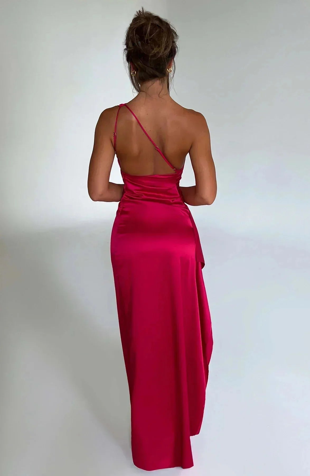 Women One Shoulder Draped Maxi Dress High Slit Formal Gown - Image 4